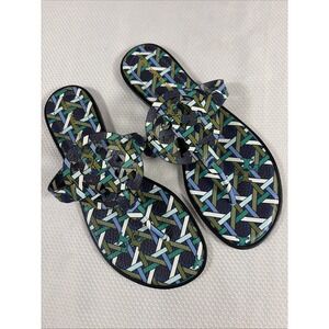 NWOB Tory Burch Miller Welt Navy Green Caning Logo Miller Sandals Sz 7M